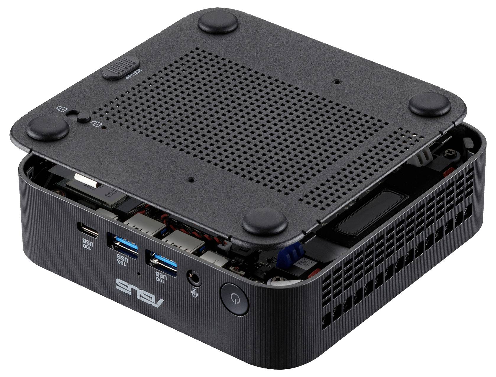 ASUS Mini-PC mit offener Oberseite, die interne Komponenten zeigt, einschließlich USB-Anschlüsse, HDMI, Ethernet, Audiobuchse, Ein-/Ausschalter und Belüftung.