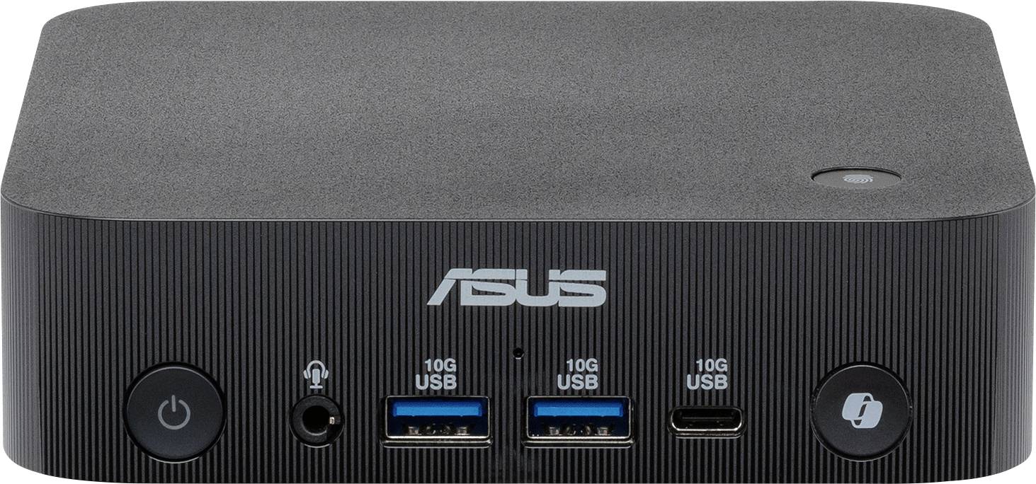 Ein kompakter, rechteckiger Asus-Computer mit strukturierter Oberfläche. Die Frontplatte enthält einen Netztaster, USB-Anschlüsse, eine Kopfhörerbuchse und das Logo.