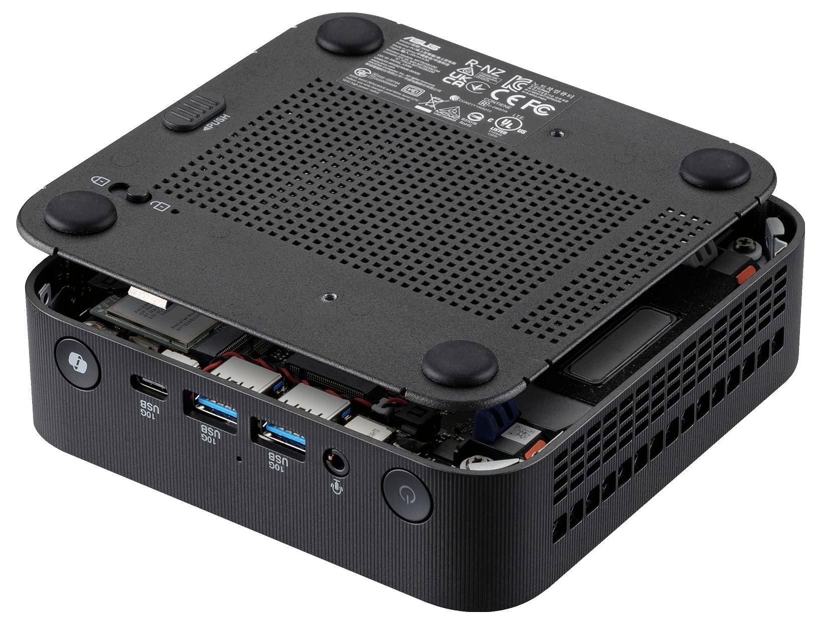 Ein kompakter, teilweise offener Mini-PC mit sichtbaren internen Komponenten. Die Frontplatte weist mehrere Anschlüsse und Kontrollleuchten auf.
