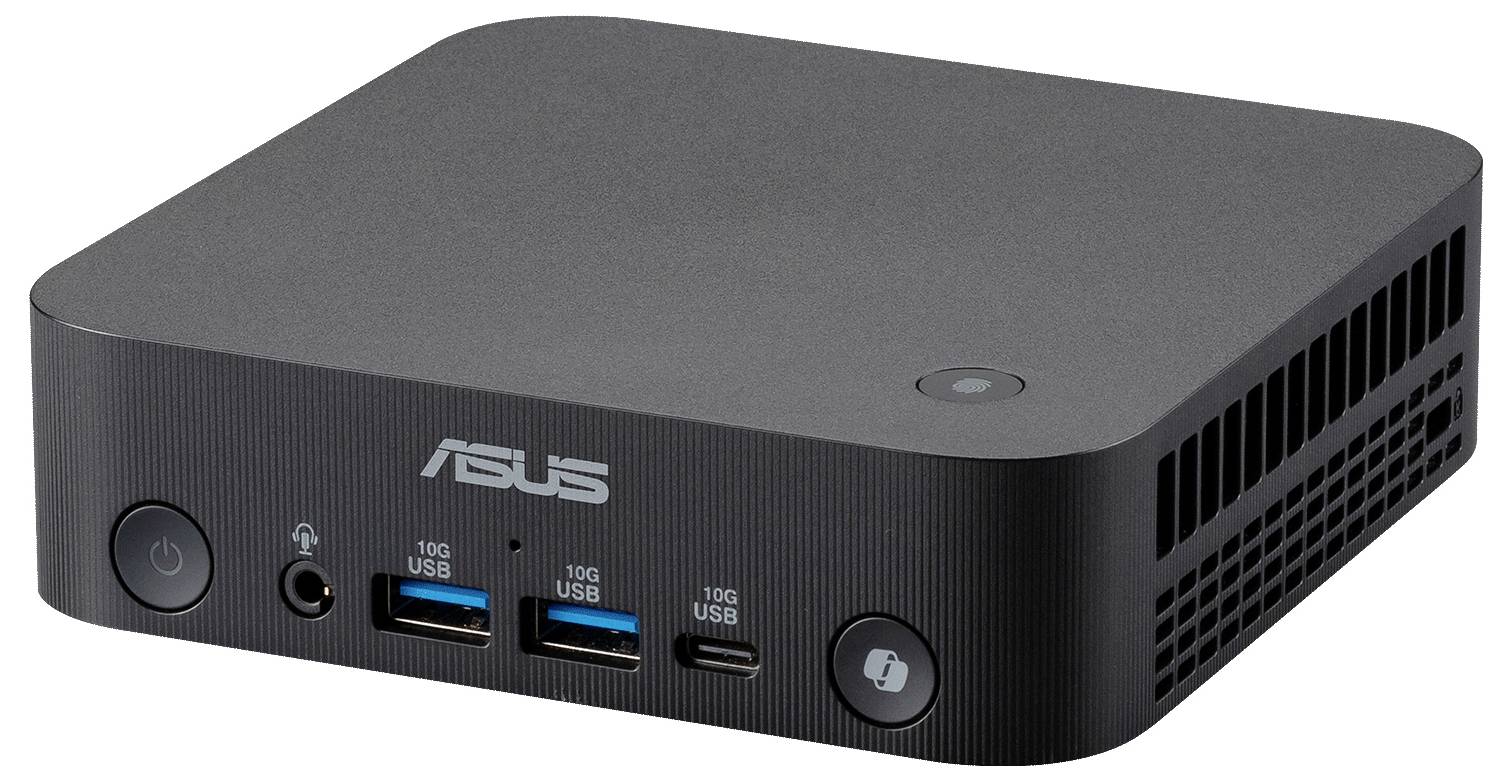 Schwarzer ASUS Mini-Desktop-Computer mit Netzschalter an der Vorderseite, Kopfhörerbuchse, drei USB-Anschlüssen und Sperrknopf