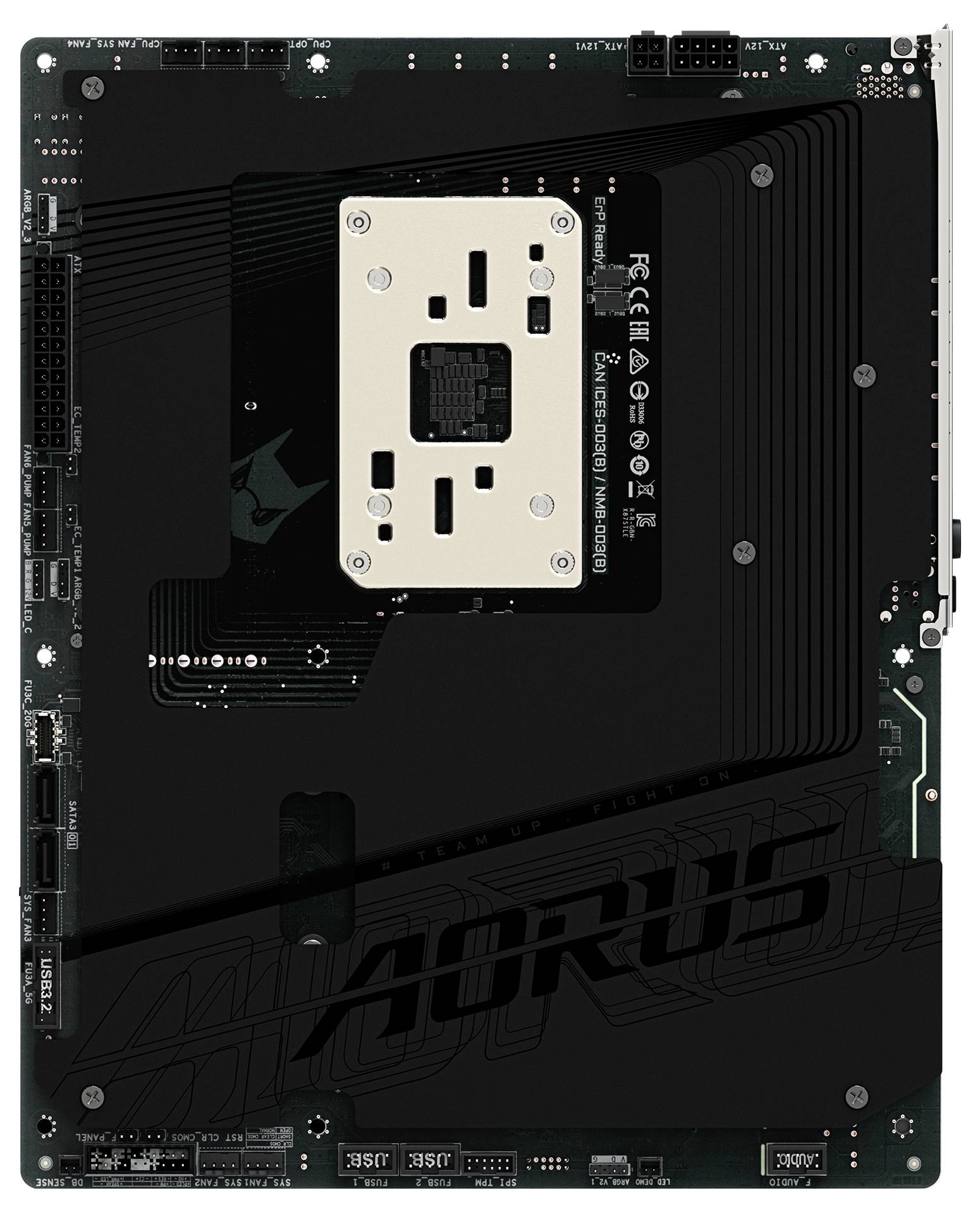 Das Bild zeigt die Rückseite einer Computermainplatine mit der Bezeichnung „AORUS