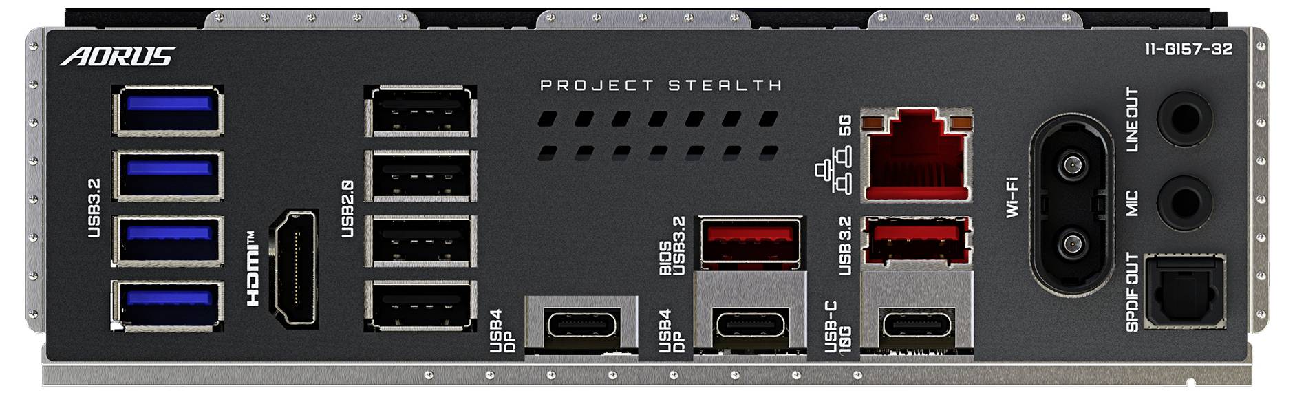 Rückseiten-Ein-/Ausgabeplatte eines Computer-Motherboards. Beinhaltet mehrere USB-Anschlüsse, HDMI-Anschluss, Ethernet, Audio-Buchsen, USB-C und Stromoptionen.