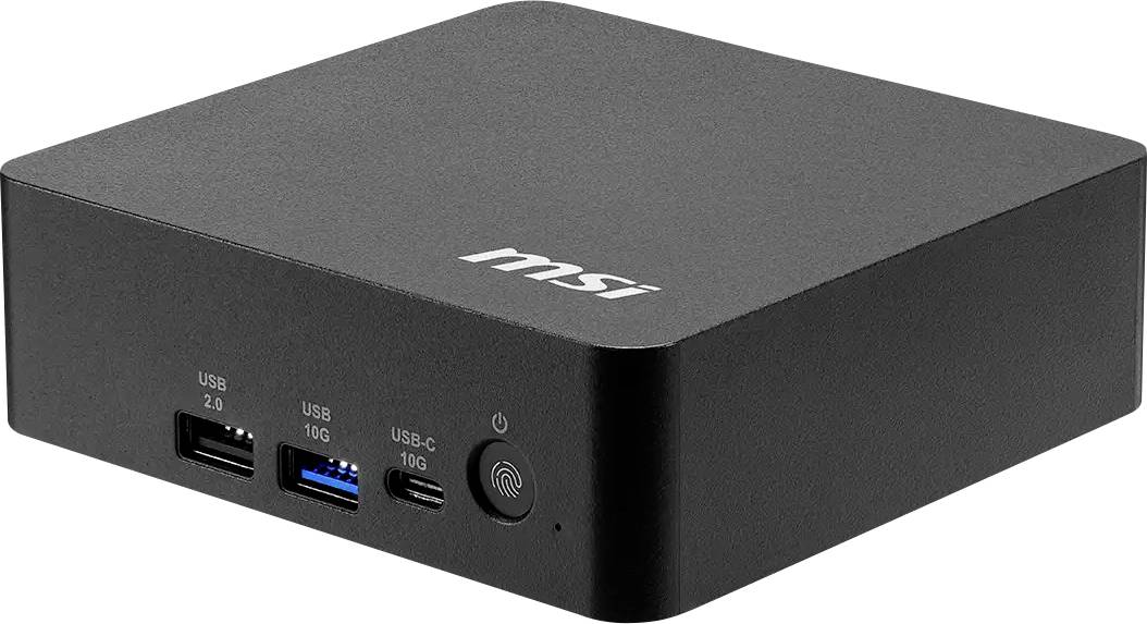 MSI Mini-Desktop-Computer mit USB 2.0, USB 10G und USB-C-Anschlüssen an der Vorderseite sowie Einschaltknopf.