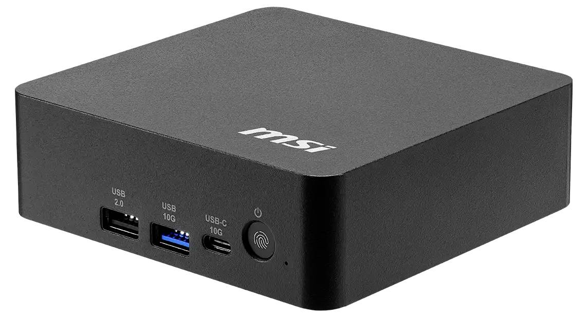 Schwarzer MSI Mini-Desktop-PC auf weißem Hintergrund, mit Front-USB-2.0-, USB-10G- und USB-C-10G-Anschlüssen sowie einem Netzschalter.