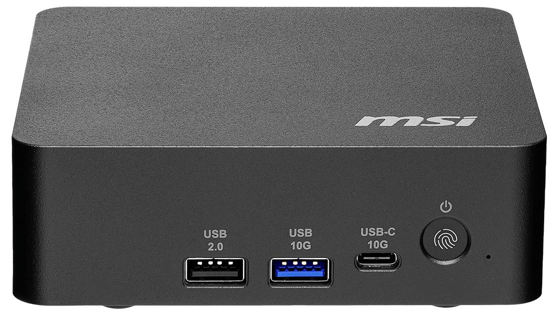 Vorderansicht eines MSI Mini-PCs mit beschrifteten Anschlüssen: USB 2.0, USB 10G, USB-C 10G und ein Power-/Fingerabdruck-Knopf.