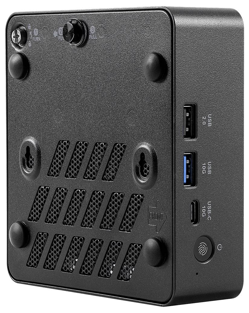 Schwarzer Mini-PC oder Dockingstation mit vorderen Anschlüssen: USB-A 2.0, USB-A 3.0, USB-C, Ein-/Ausschalter, Belüftungsgitter und Befestigungsschrauben.
