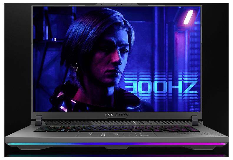 Gaming-Laptop mit neon-beleuchteten Porträt einer Frau und dem Text „300Hz
