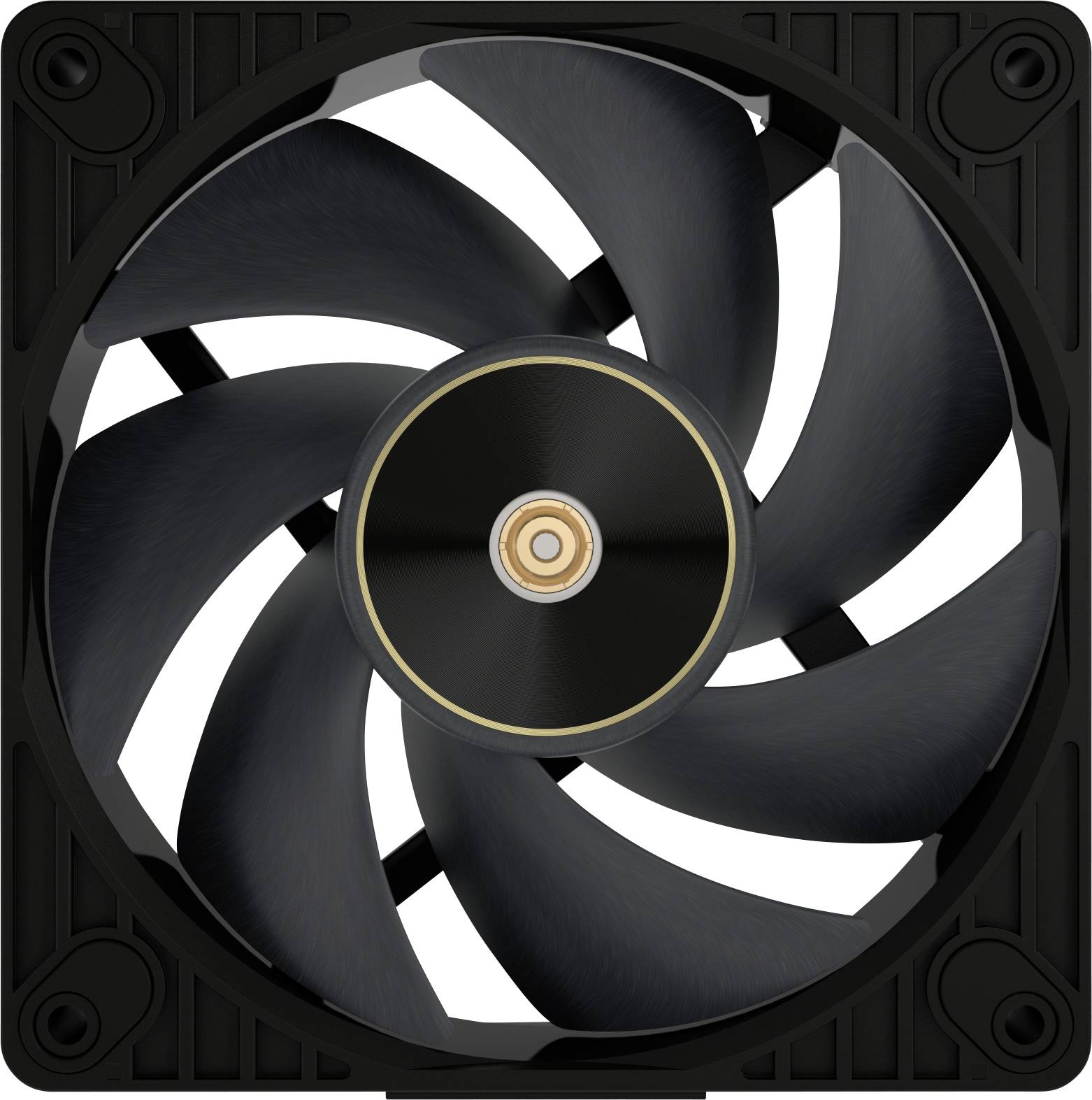 Ein schwarzer Computerlüfter mit sieben Blättern in einem quadratischen Rahmen, von vorne betrachtet.