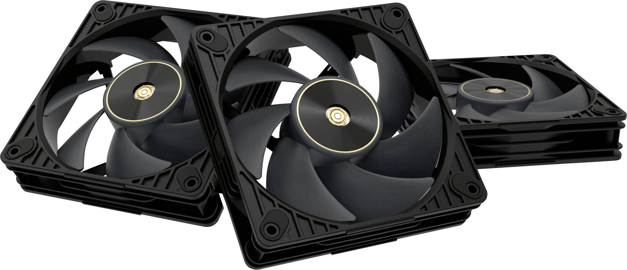 Drei schwarze Computer-Kühlventilatoren mit kreisförmigen Mustern in der Mitte, gestapelt und überlappend, was ihre Verwendung in PC-Builds zur Luftstromverwaltung andeutet.