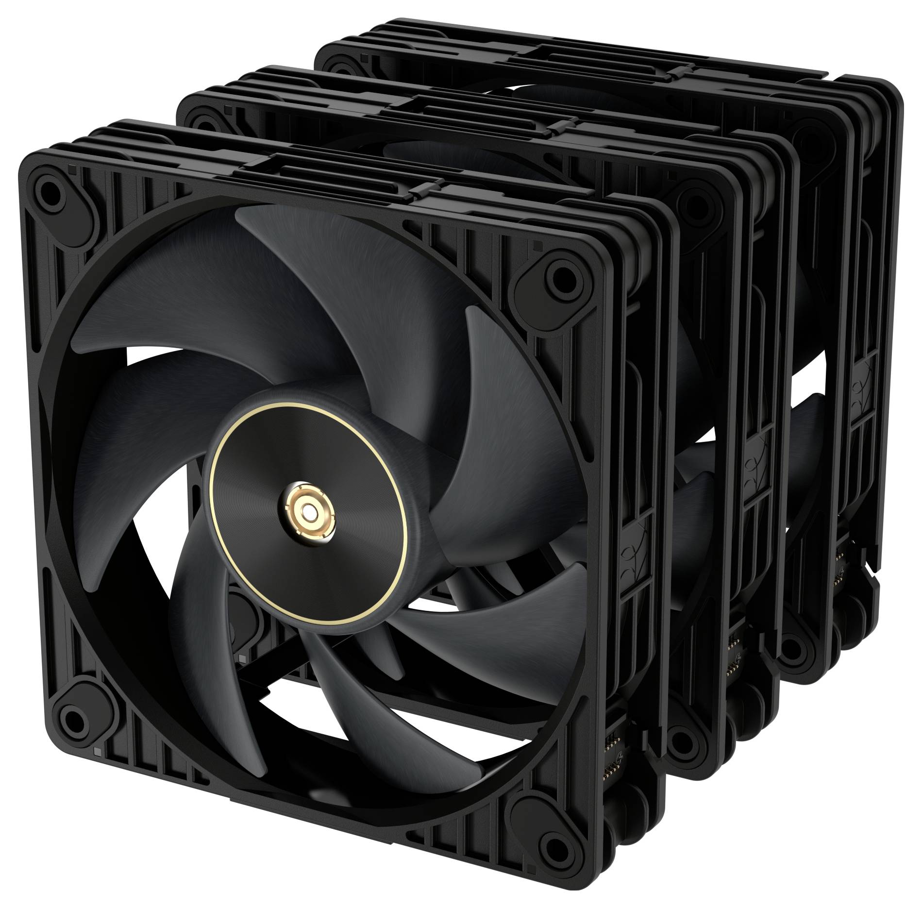 Drei schwarze Computer-Kühlventilatoren, vertikal übereinander gestapelt; die Ventilatoren haben große Flügel und sind für einen effizienten Luftstrom in Computersystemen ausgelegt.