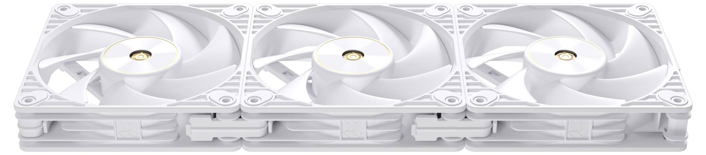 Weiße Computerkühler in einer Reihe, entwickelt um die Luftzirkulation in einem PC-Gehäuse zu verbessern, mit elegantem, modernem Design.