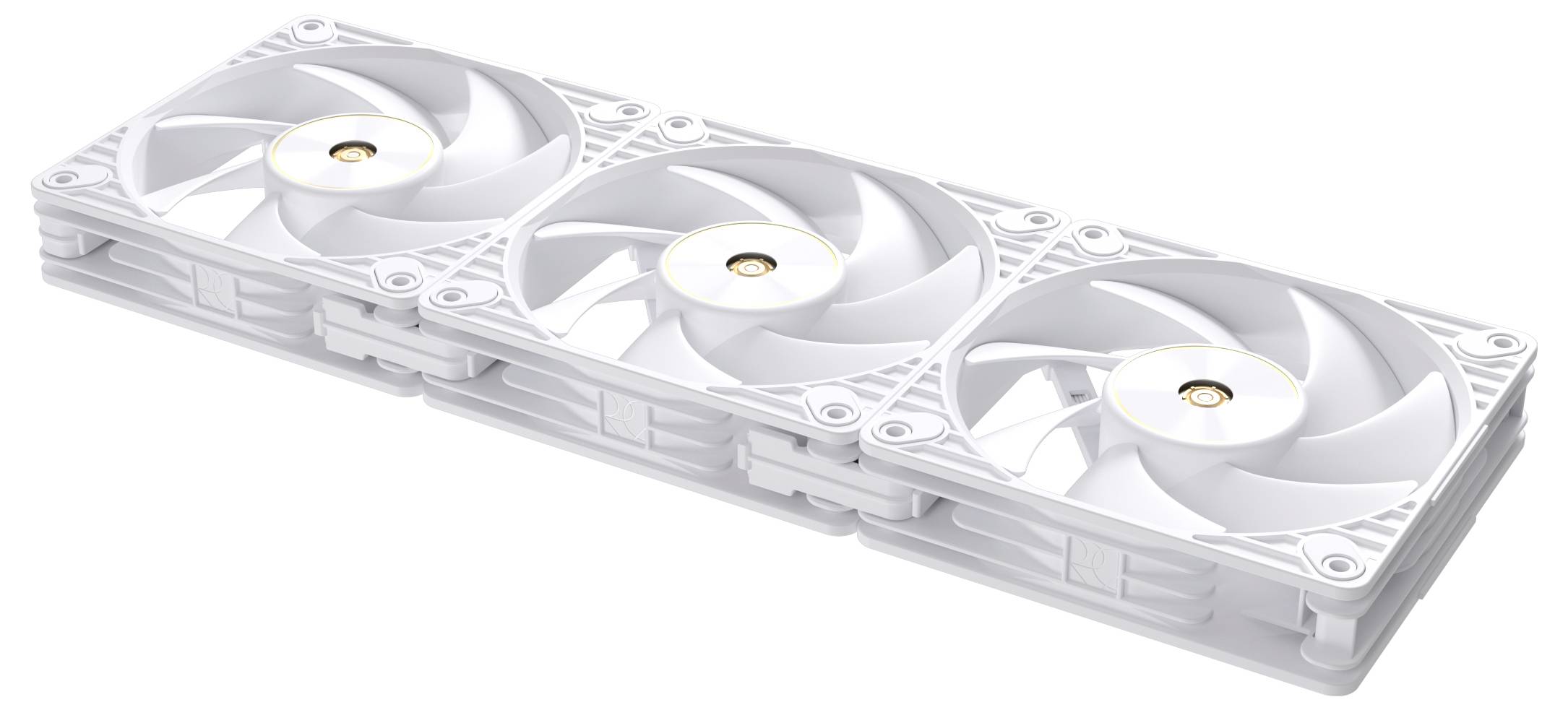 Ein dreifaches weißes Computer-Kühllufterset mit verbundenen Rahmen, das für effiziente Luftströmung in elektronischen Geräten konzipiert ist.