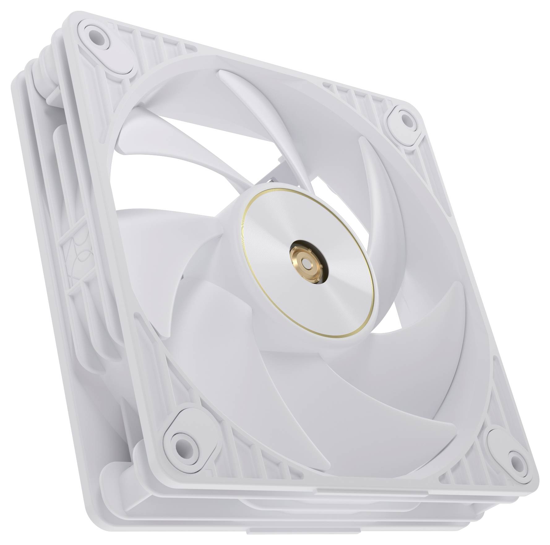 Ein weißer Computer-Kühlventilator mit fünf Blättern, aus einem Winkel betrachtet, mit einer goldenen Akzentuierung in der Mitte, ruhend auf einem schlichten Hintergrund.