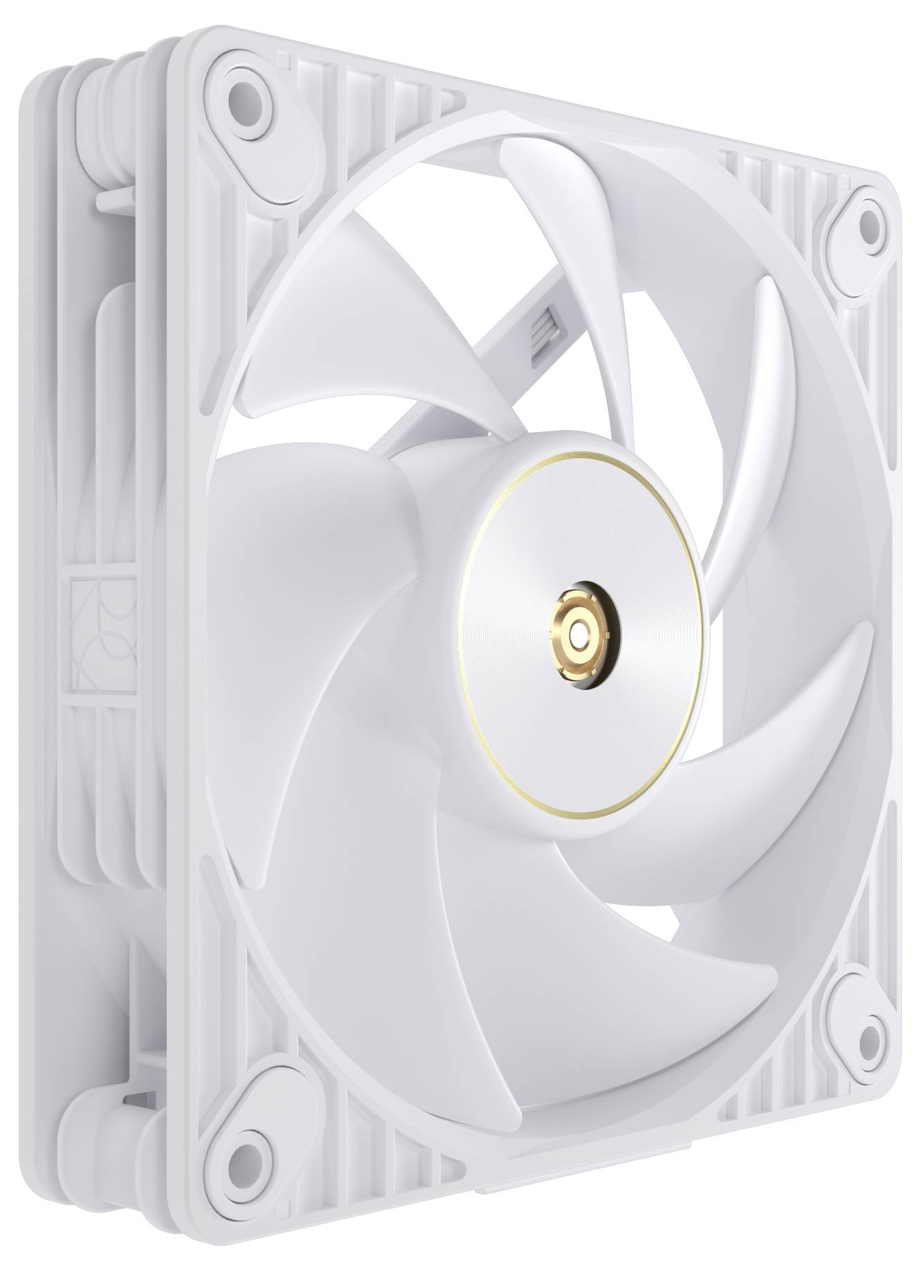 Schwarzer Computerlüfter mit kreisförmigem Design und mehreren gekrümmten Lüfterblättern, vor weißem Hintergrund.