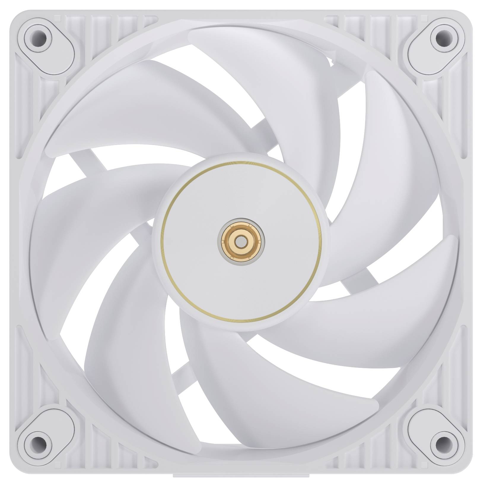Ein weißer Computer-Kühlventilator mit neun Blättern in einem quadratischen Gehäuse, mit einem zentralen goldenen Kreis und befestigten Schrauben in den Ecken.