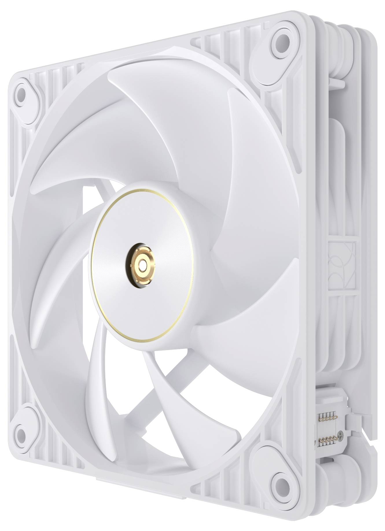 Ein weißer Computer-Kühlventilator mit schlankem Design, mit geschwungenen Blättern und einer zentralen goldenen Akzentfarbe.