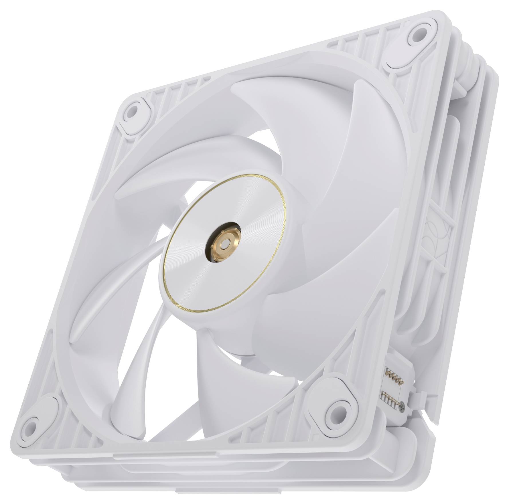 Ein weißer Computerlüfter mit einem zentralen goldfarbenen Kreis, entworfen zur Kühlung von PC-Komponenten mit einem eleganten, modernen Aussehen.