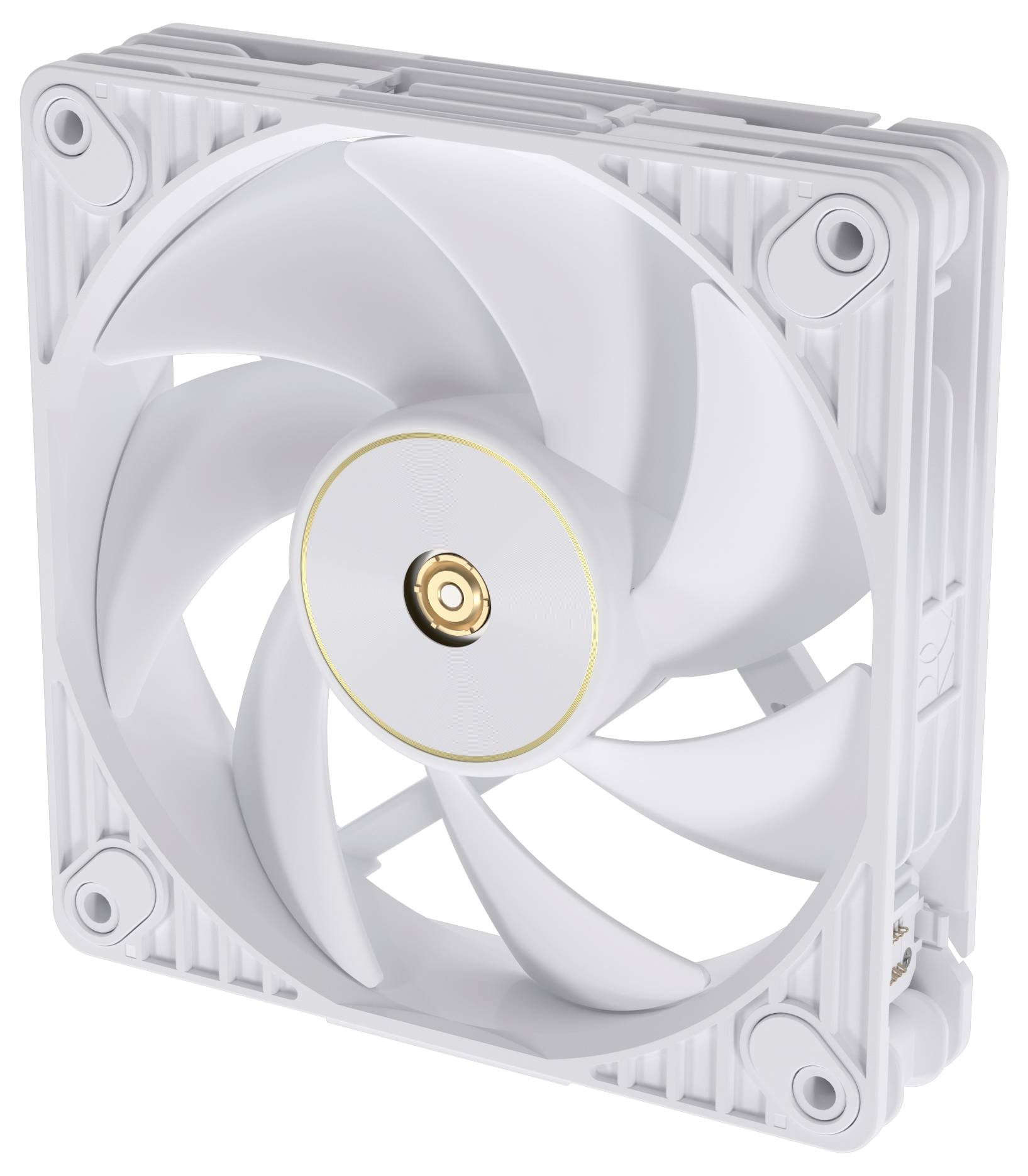 Ein weißer Computer-Kühlventilator mit einer kreisförmigen Mittelnabe und mehreren Blättern in einem quadratischen Rahmen, entwickelt zur Verbesserung der Belüftung.