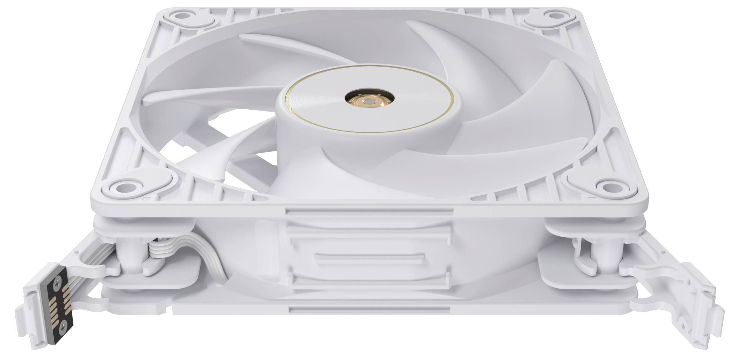 Ein weißer Computer-Kühlventilator mit mehreren Blättern, in einem quadratischen Rahmen montiert, positioniert zur Verbesserung des Luftstroms in PC-Zusammenbauten.