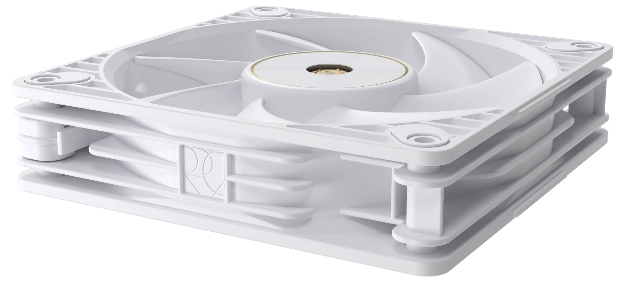 Ein weißer Computerlüfter mit elegantem, kompaktem Design, mit einem zentralen Nabe und mehreren gekrümmten Blättern für effiziente Kühlung.