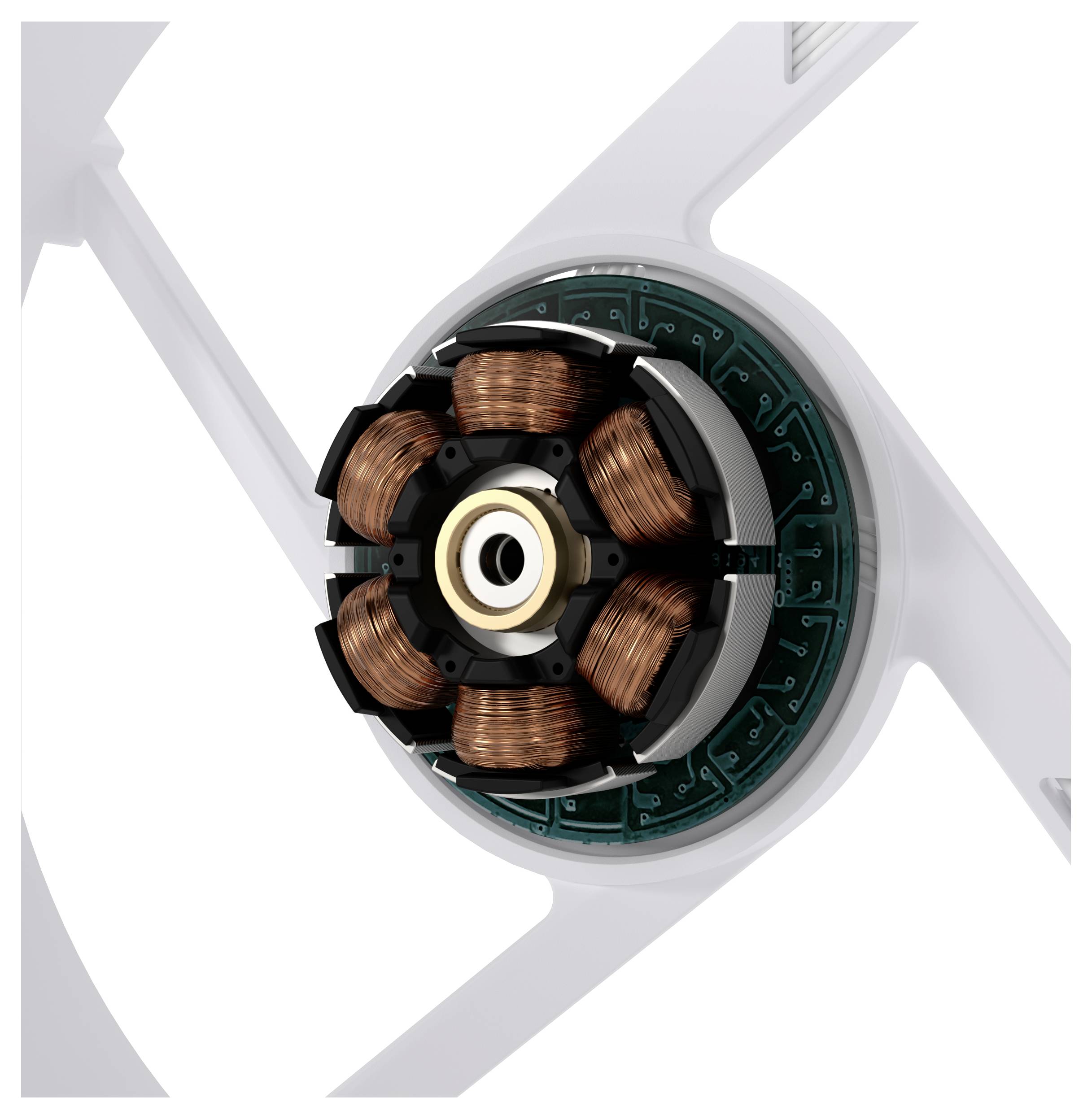 Nahaufnahme eines bürstenlosen Elektromotors mit Kupferspulen und elektronischen Schaltungskomponenten, integriert in ein Gerät.