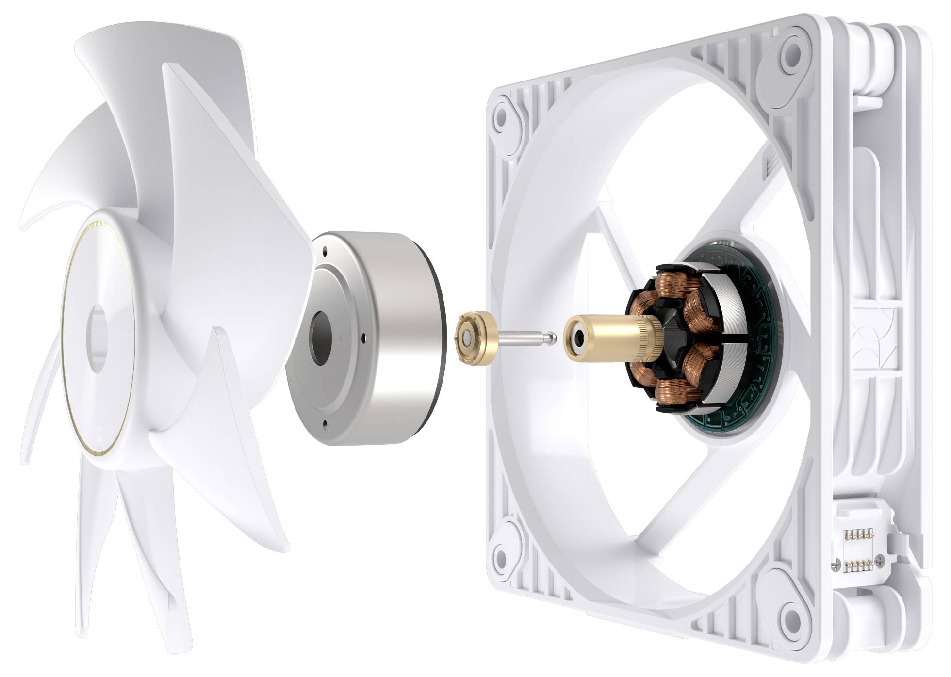 Explosionsdarstellung eines Computerlüfters mit Laufradanordnung, Motor und Gehäuserahmen.