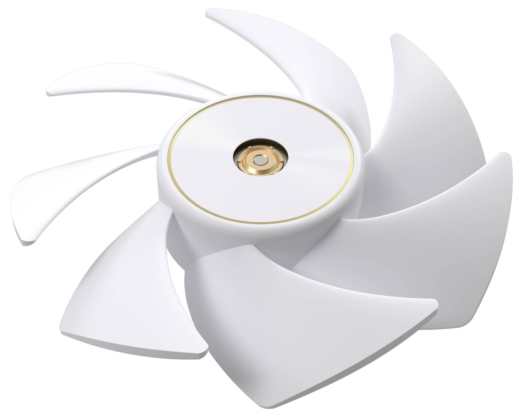 Ein weißes Ventilatorblatt mit einer zentralen kreisförmigen Nabe mit Goldakzenten, entwickelt für effiziente Luftzirkulation.