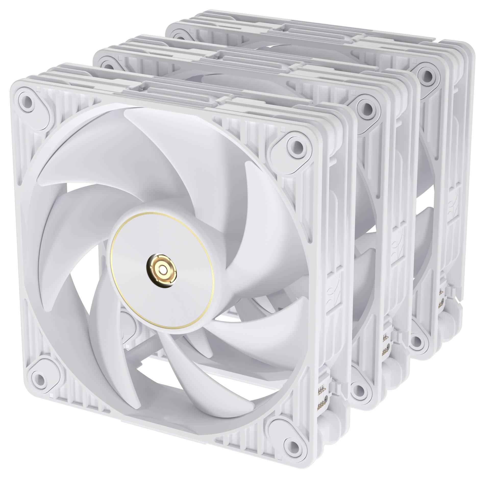 Vier übereinander gestapelte weiße Computerlüfter mit zentralen Messingnaben, entwickelt für die Belüftung in elektronischen Geräten.