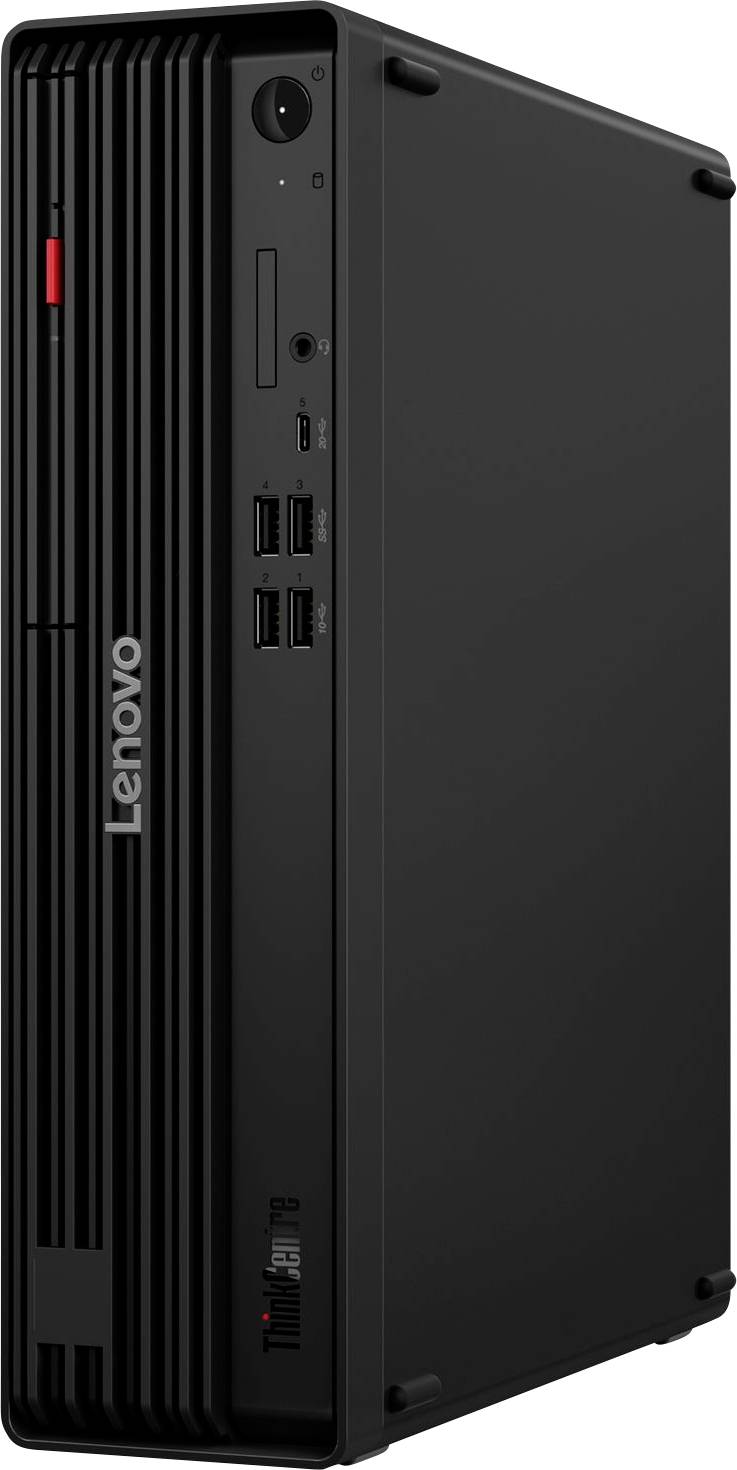 Lenovo ThinkCentre Tiny Desktop-Computer in Schwarz, Vorder- und Seitenansicht mit Belüftungsschlitzen und USB-Anschlüssen.