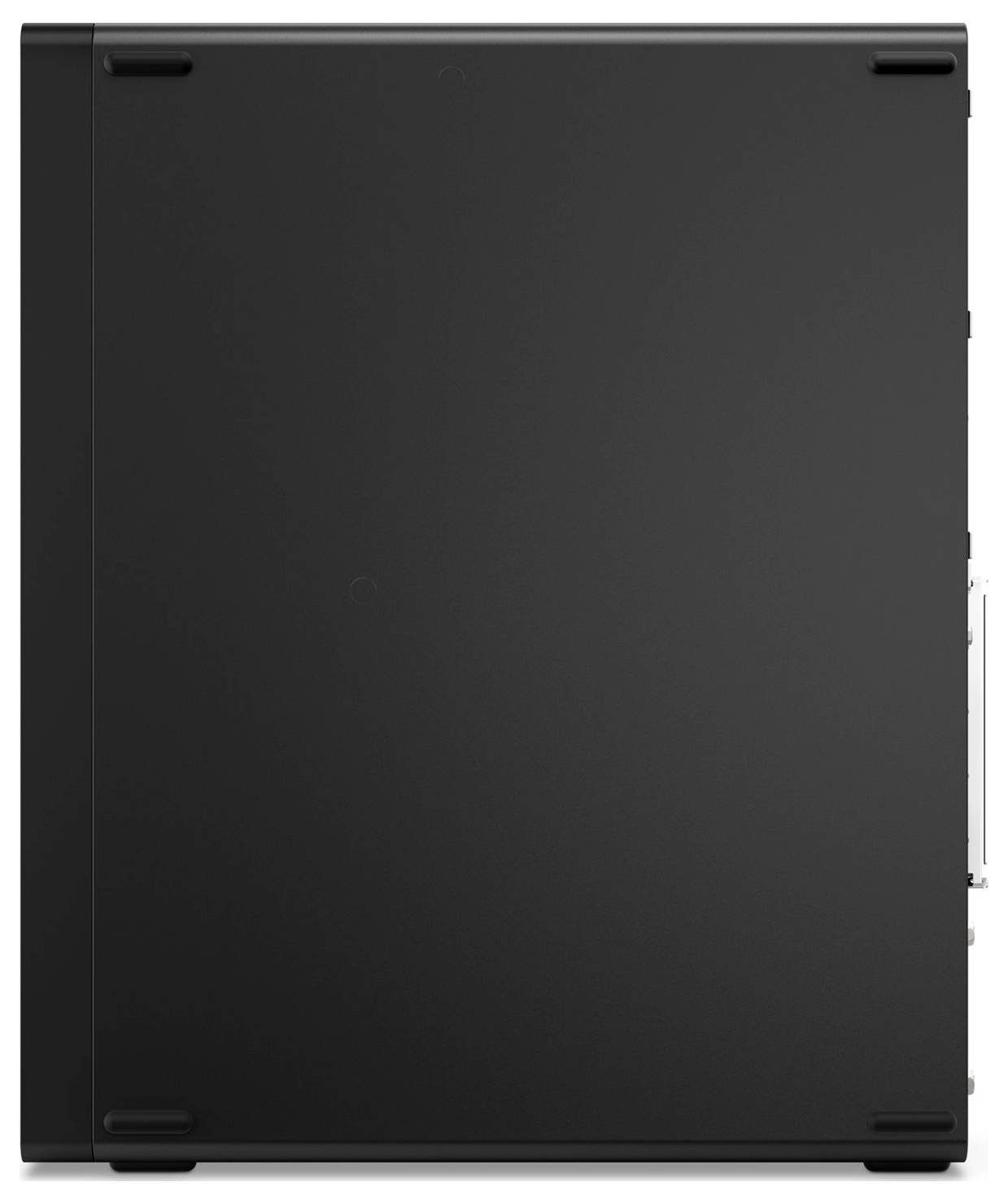 Ein einfacher schwarzer Computergehäuse mit einem glattem, strukturlosem Seitenpanel.