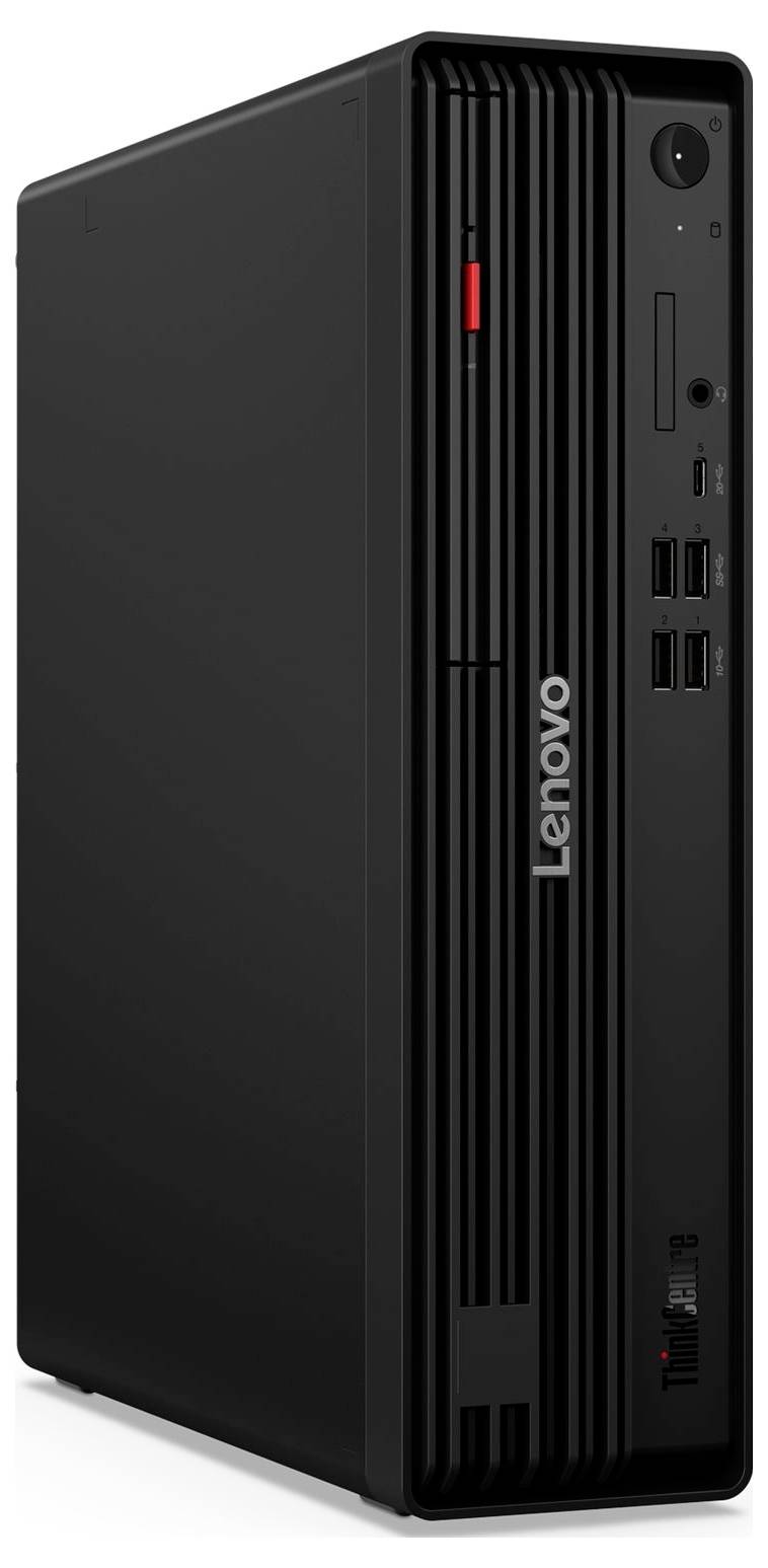 Ein schwarzer Lenovo-Desktop-Tower mit vorderen Anschlüssen, einschließlich USB- und Audioanschlüssen. Das Design ist elegant und minimalistisch.