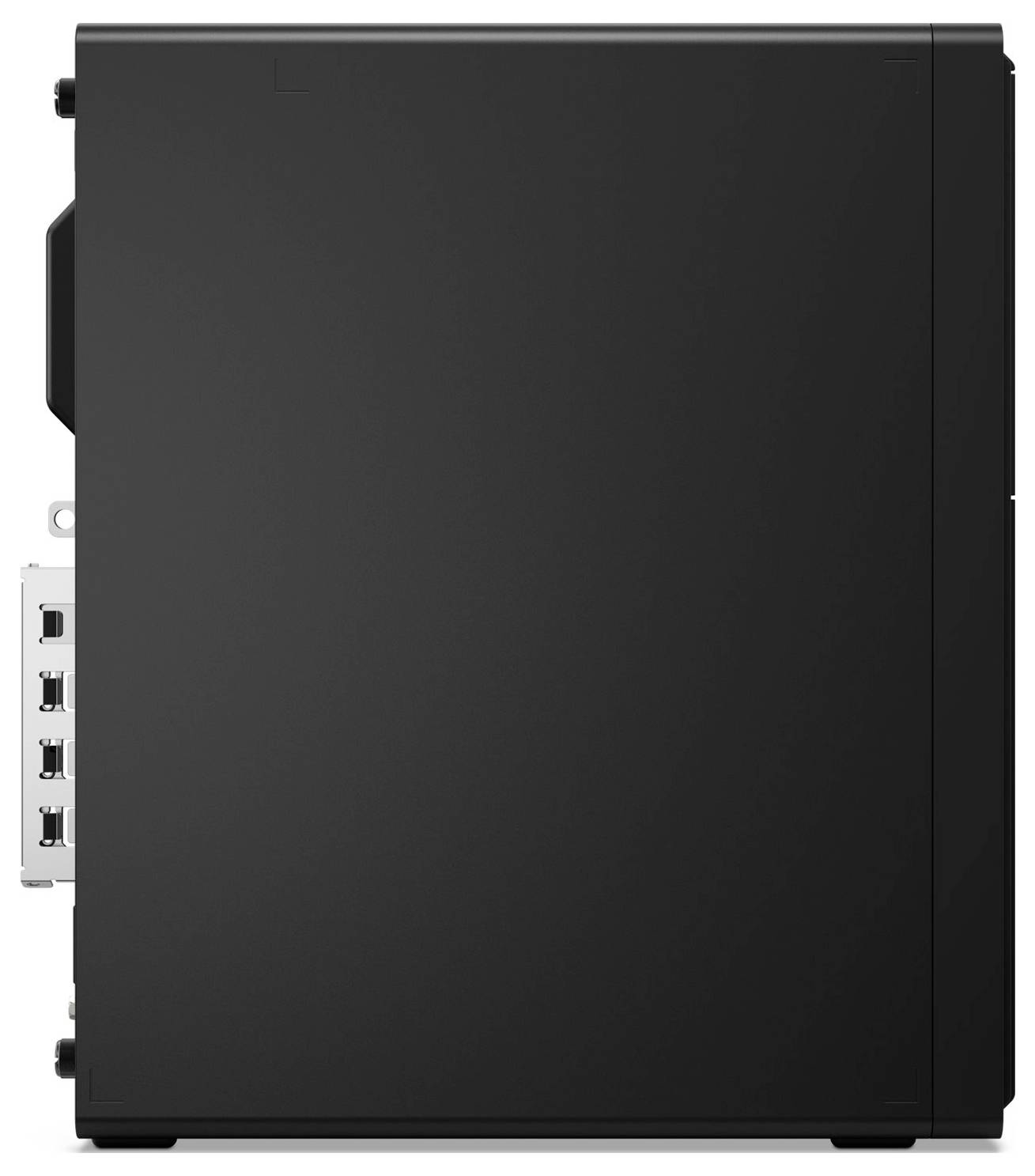 Ein schlanker schwarzer Desktop-Computer-Turm von der Seite betrachtet, mit belüfteten Panels und mehreren hinteren Anschlüssen für die Konnektivität.