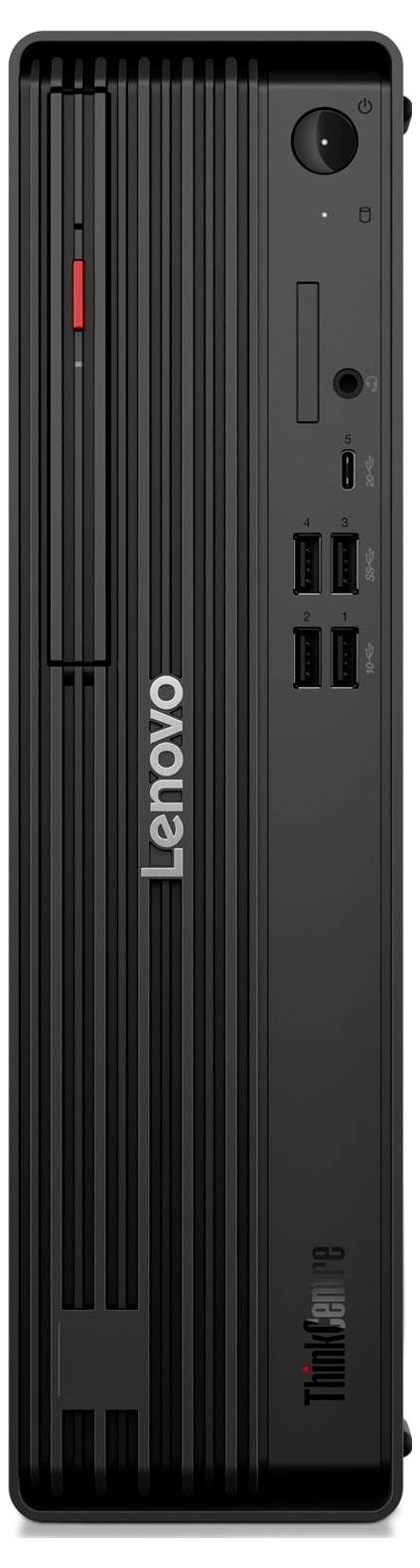 Vorderansicht eines schwarzen Lenovo-Desktop-Towers mit einem Netzschalter, mehreren USB-Anschlüssen und einem schlanken, vertikalen, gerippten Design.