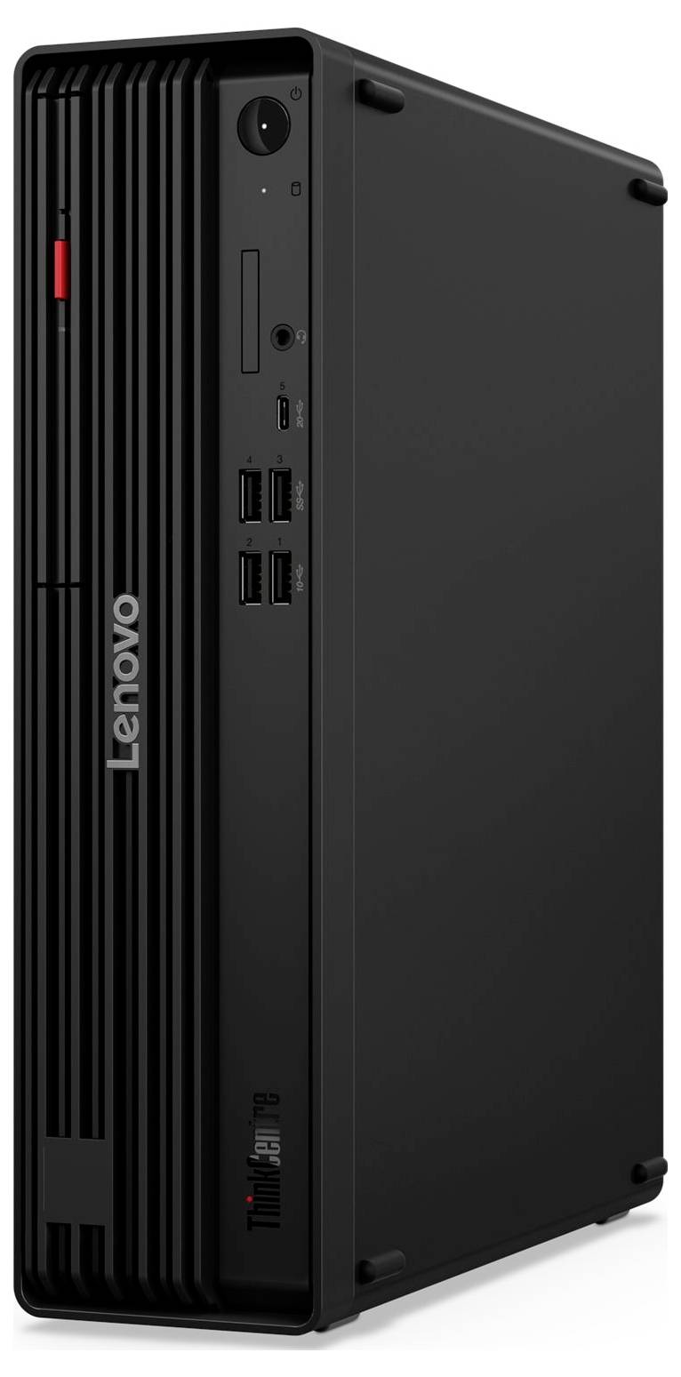 Ein schwarzer Lenovo ThinkCentre Tower-Computer mit mehreren USB-Anschlüssen und einem Stromschalter auf der Frontplatte.