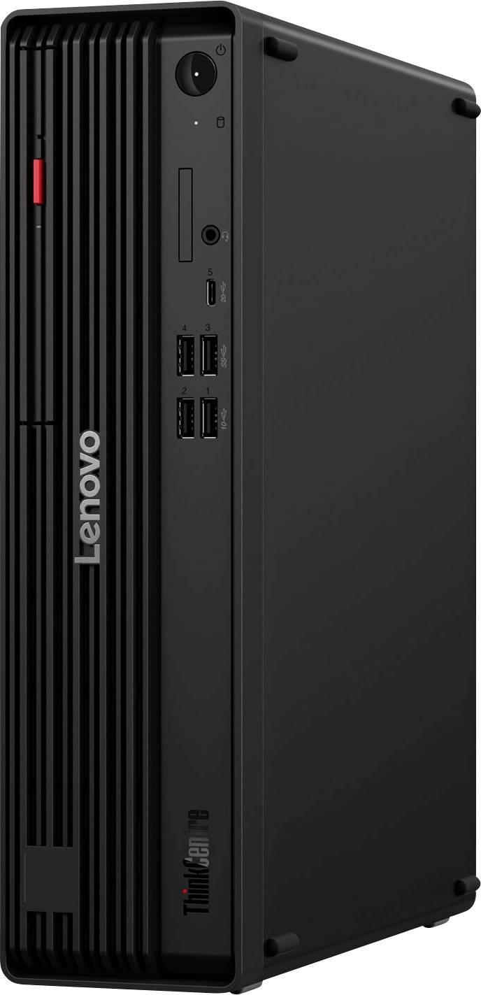 Schwarzer Lenovo ThinkCentre kompakter Desktop-Tower in Seitenansicht, mit vorderer Belüftungsgitter, Netzschalter, USB-Anschlüssen und Laufwerkschacht.