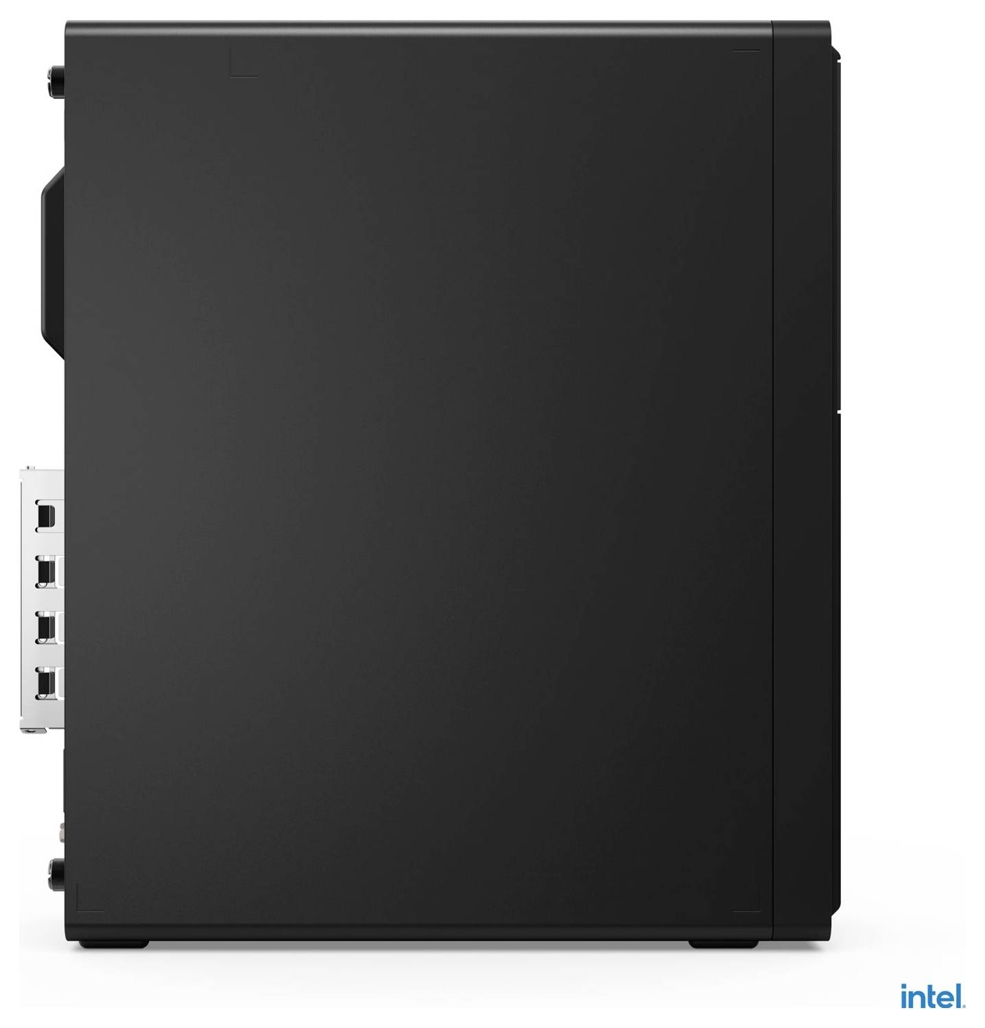Ein schlankes schwarzes Computergehäuse mit sichtbaren hinteren Anschlüssen. Das Intel-Logo befindet sich in der rechten unteren Ecke.