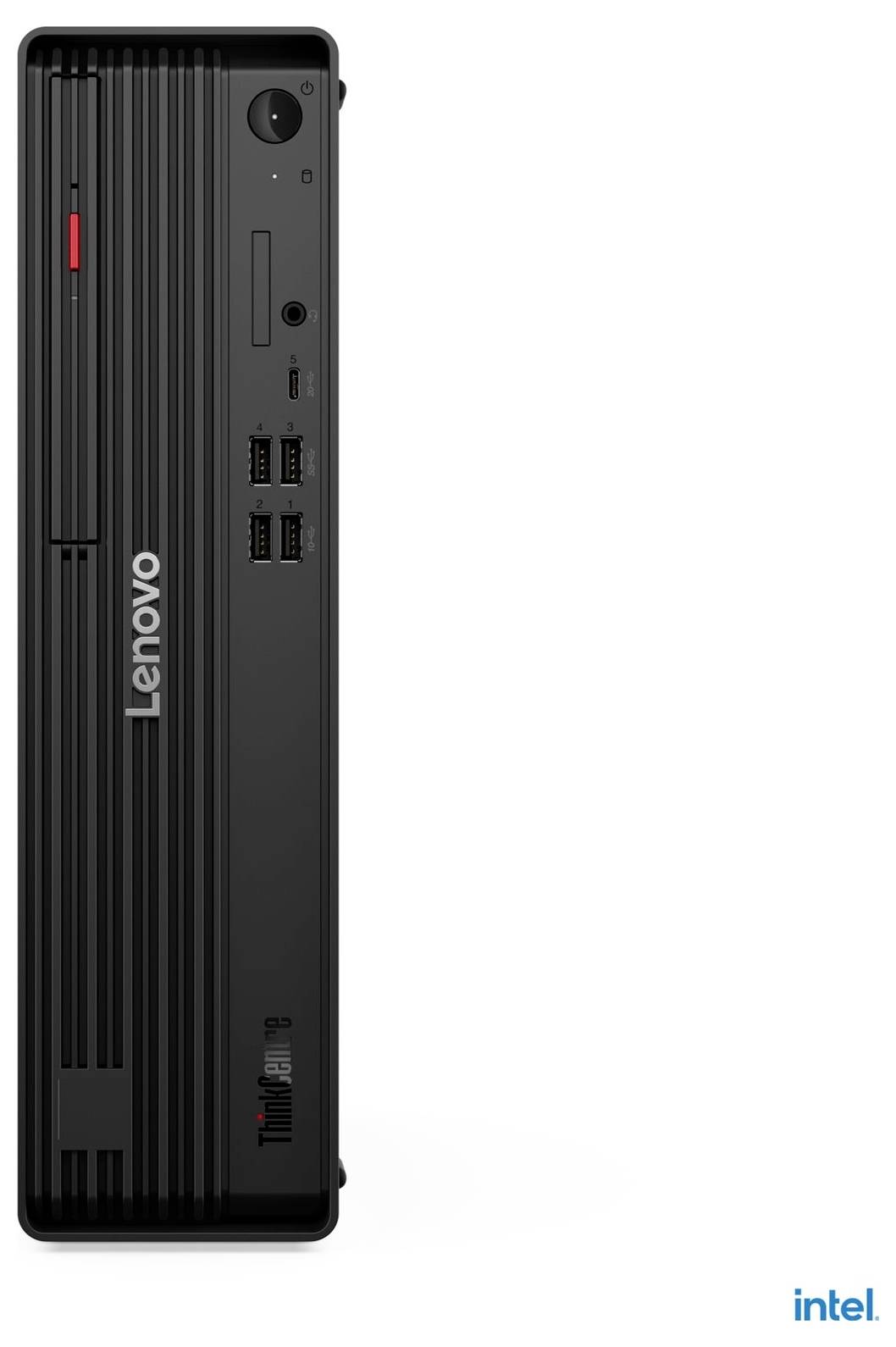 Lenovo ThinkCentre Desktop-Tower mit vertikalen Rillen, USB-Anschlüssen, Einschaltknopf und 