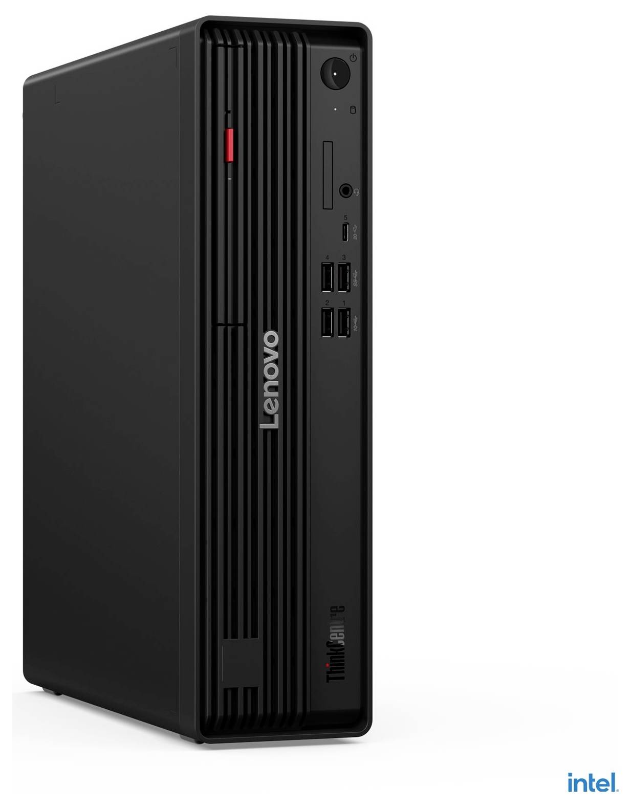 Ein Lenovo ThinkCentre Desktop-Computer mit vertikalem Design, das mehrere USB-Anschlüsse auf der Frontblende für Konnektivität bietet.