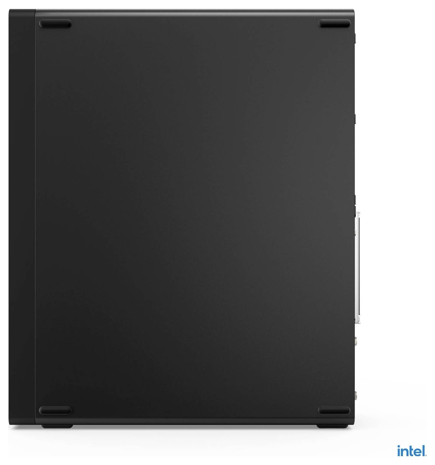 Seitenansicht eines minimalistischen schwarzen Computergehäuses mit einem kleinen 