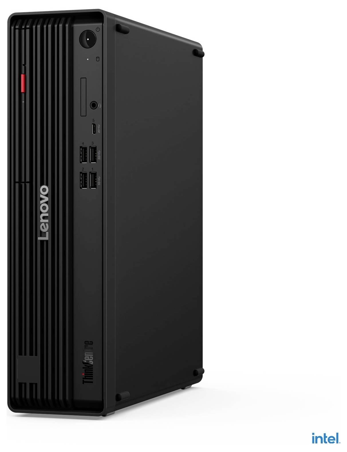 Lenovo ThinkStation Desktop-Tower-Computer auf weißem Hintergrund gezeigt, mit Intel-Branding in der Ecke.