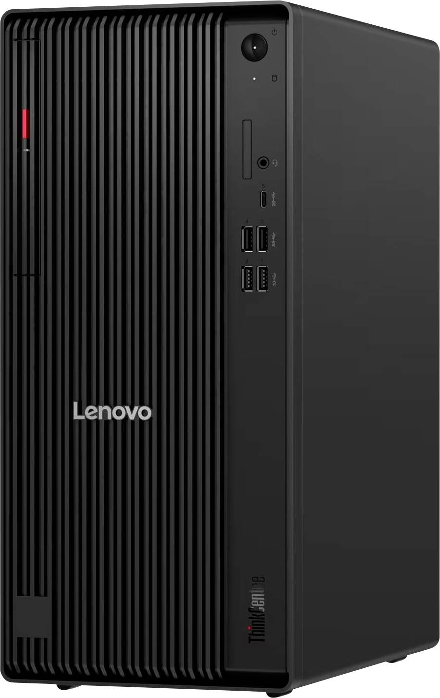 Schwarzer Lenovo ThinkCentre Desktop-Turm, von vorne und von rechts dargestellt, mit vertikal gerippeltem Frontpanel und vorderen Anschlüssen und Ein-/Ausschalter.