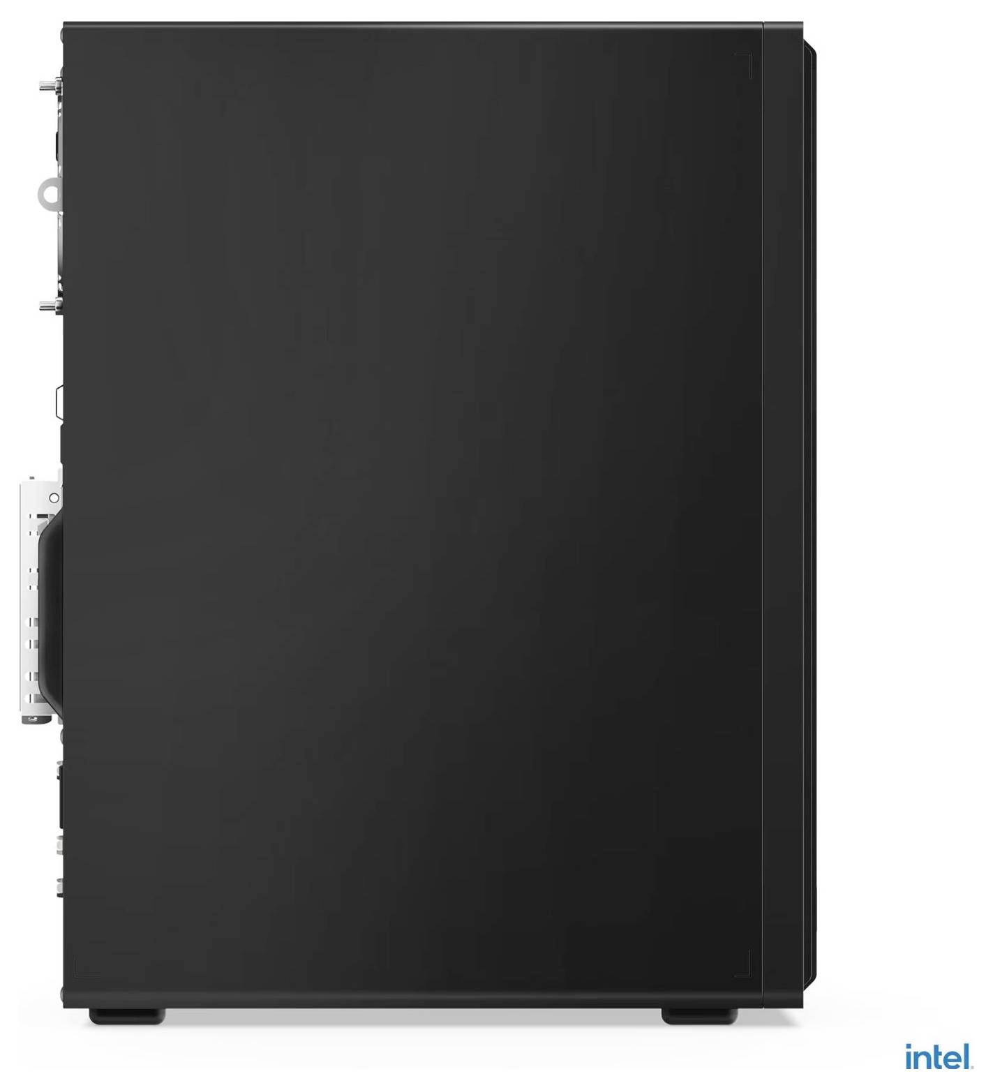 Ein schlanker schwarzer Computer-Tower mit minimalistischem Design steht vor einem weißen Hintergrund. Das Intel-Logo ist in der unteren rechten Ecke sichtbar.