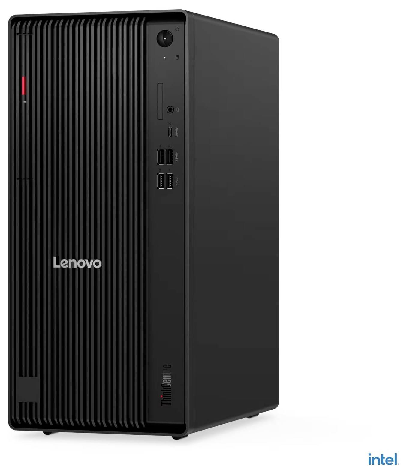 Ein schwarzer Lenovo ThinkCentre Desktop-Computerturm mit USB-Anschlüssen, Lenovo- und ThinkCentre-Logos und dem Intel-Logo in der Ecke.