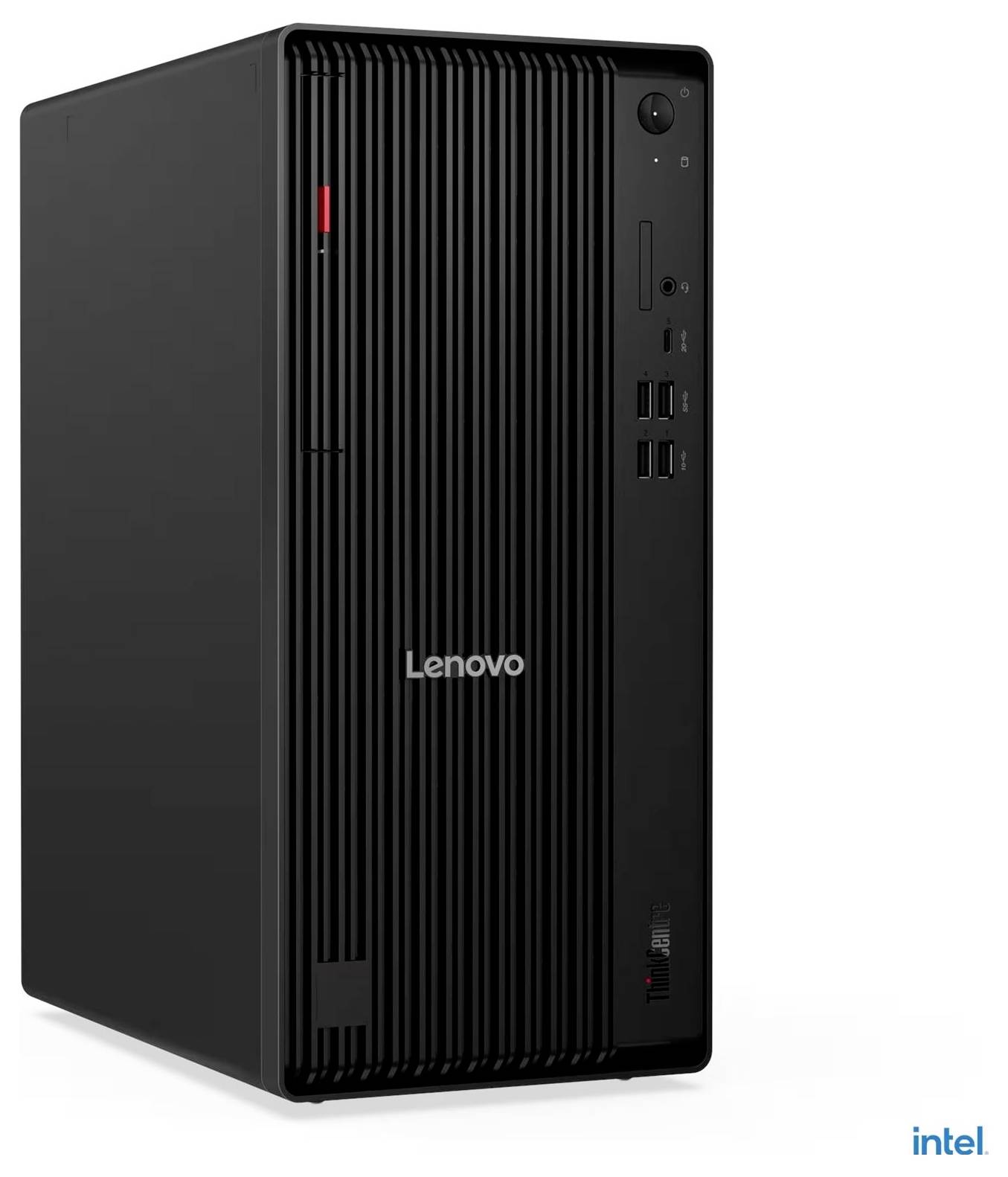 Schwarzer Lenovo ThinkStation Desktop-Tower, von vorne links gezeigt, mit geripptem Frontpanel, vorderen Anschlüssen und Intel-Branding.