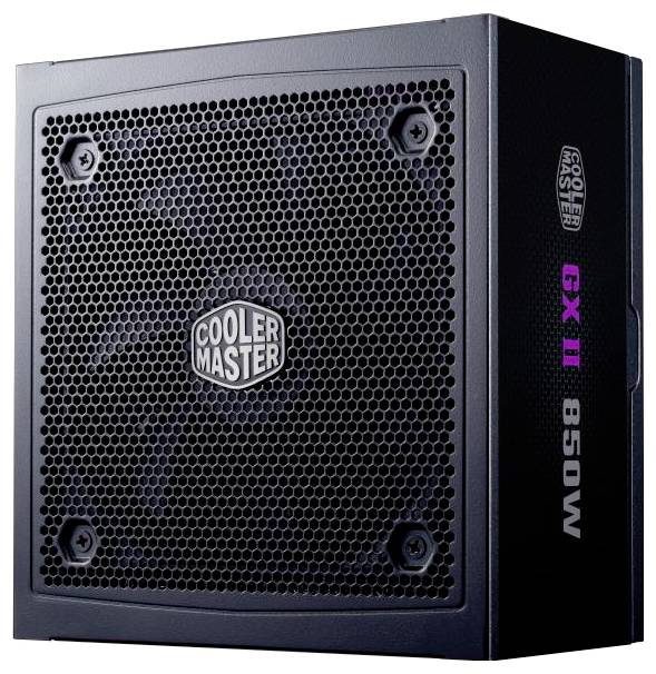 Cooler Master GX II 850W Netzteil mit schwarzem, gelochtem Gehäuse, auf dessen Seite das Markenlogo und die Leistungsangabe angebracht sind.