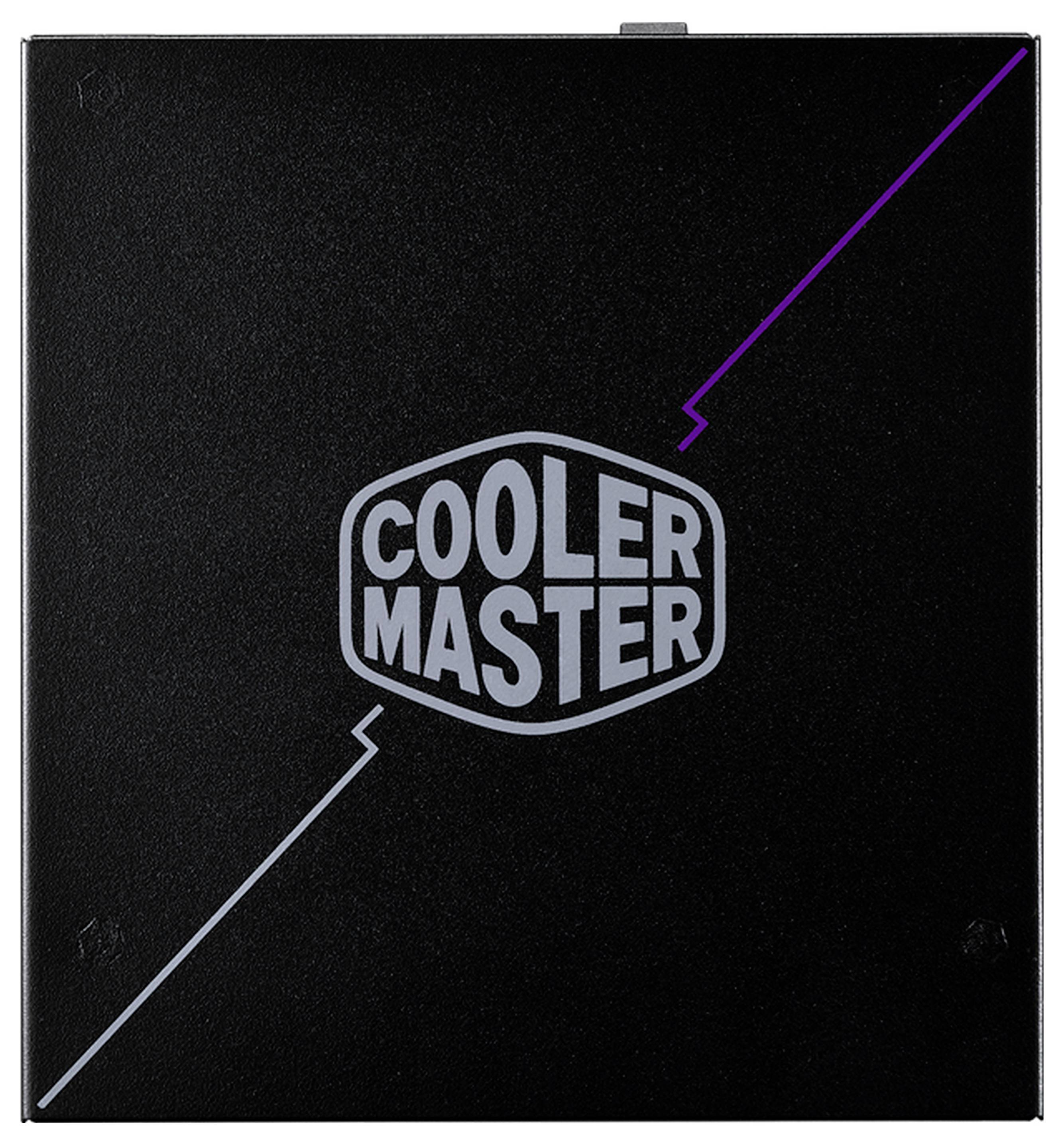 Das Bild zeigt ein schwarzes Seitenpaneel eines Cooler Master Computergehäuses mit einem lila und weißen Liniendesign und dem Cooler Master Logo in der Mitte.
