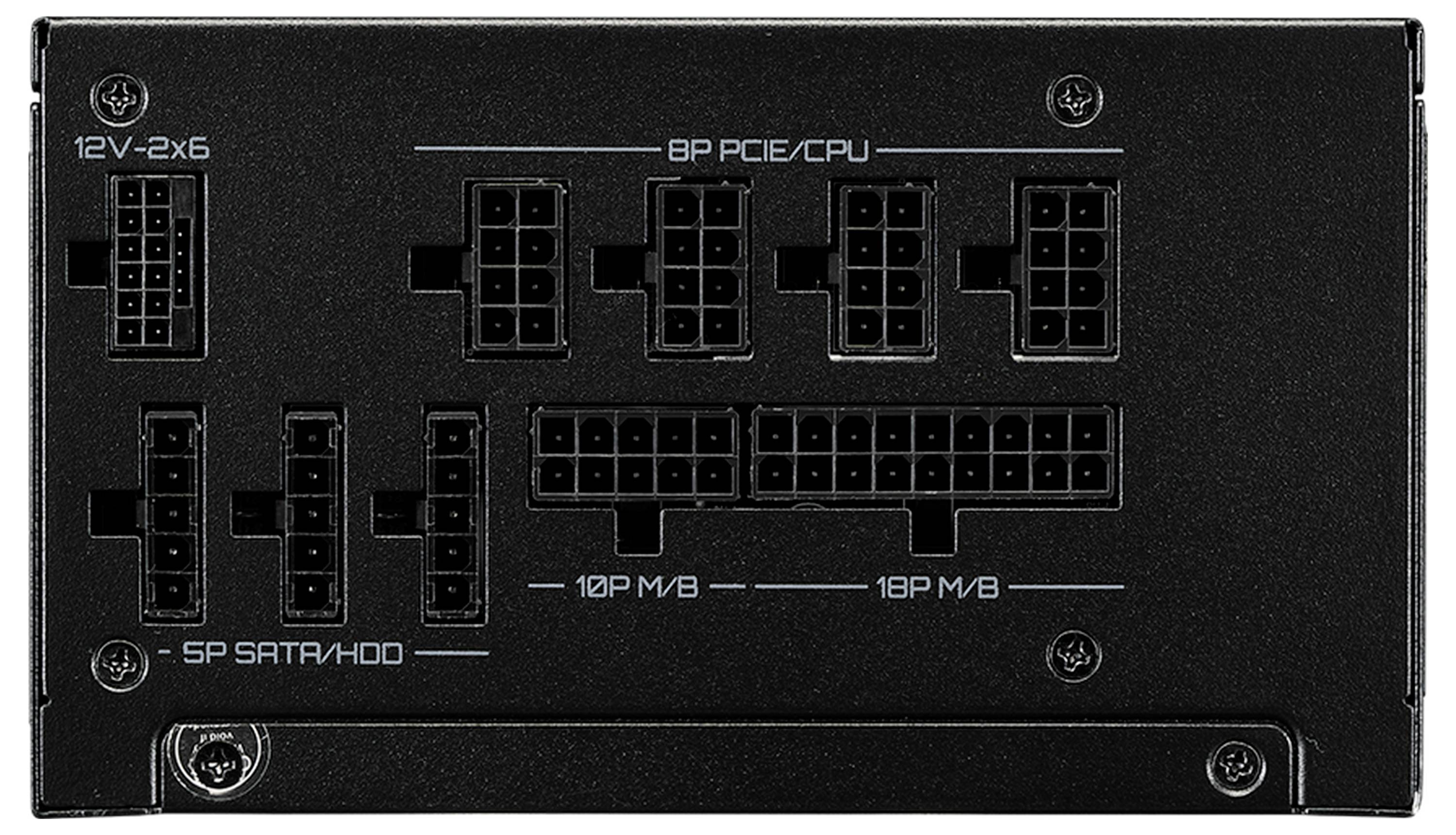 Nahaufnahme des hinteren Panels einer Stromversorgungseinheit. Zeigt verschiedene beschriftete Anschlussanschlüsse: 12V-2x6, 8P PCIe/CPU, 5P SATA/HDD, 10P MB, 18P MB.