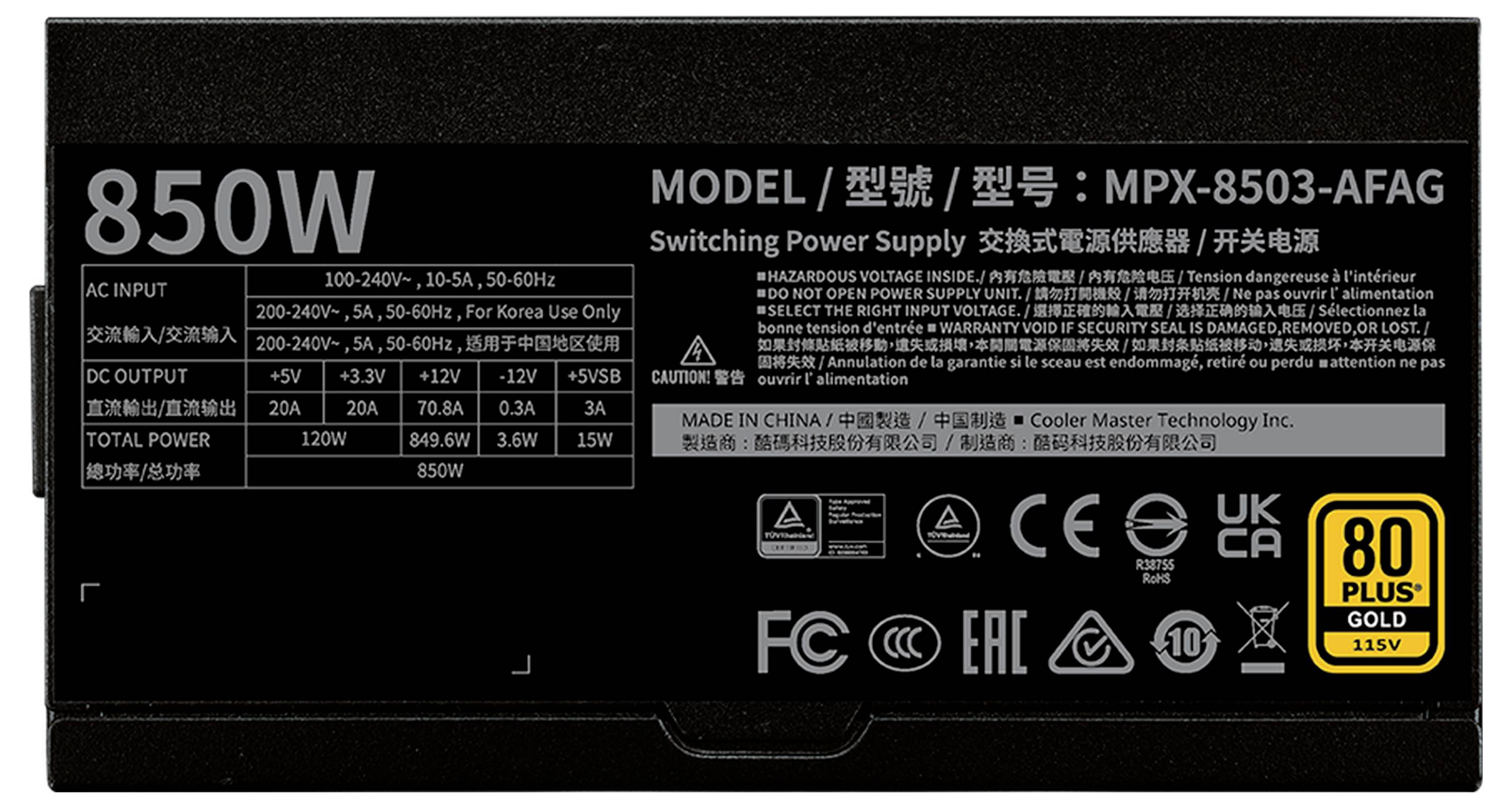 850W-Stromversorgungseinheit-Etikett mit Ein-/Ausgangsspannung und Sicherheitszertifizierungen. Modell: MPX-8503-AFAG, 80 Plus Gold zertifiziert.