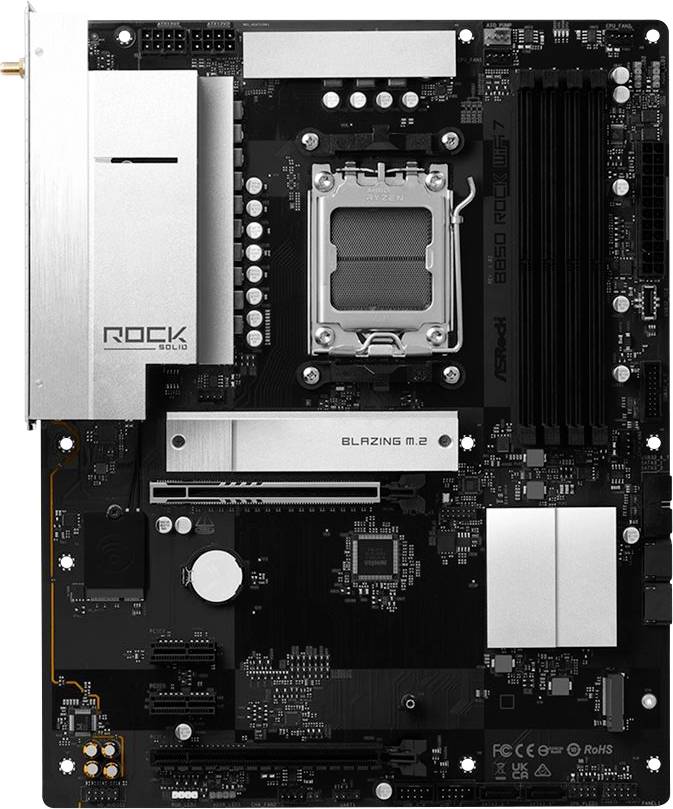 ASRock-Motherboard mit LGA-1700-Sockel, Kühlkörpern und Erweiterungssteckplätzen, geeignet für Intel-Alder-Lake-Prozessoren.
