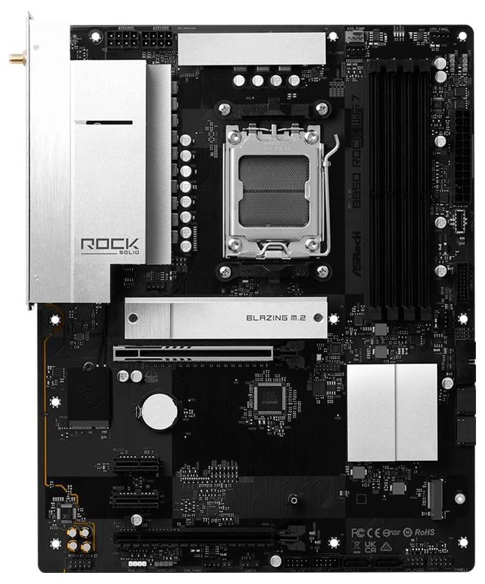 Eine Vogelperspektive einer Computermainboard mit verschiedenen Steckplätzen, Anschlüssen und Komponenten. Das Board ist mit „ROCK SolID